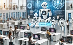 DALL·E 2025 02 17 10.43.17 A futuristic AI lab designed for schools and universities. The lab features sleek workstations with interactive AI powered robots coding stations wit 700x441 1